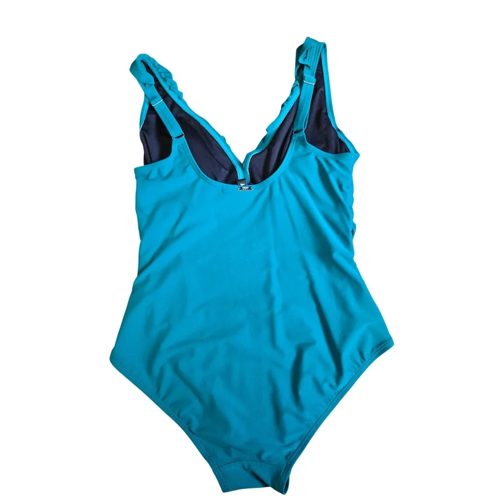 DKNY Teal Ruffle One Piece Swimsuit Size 14 Rushed Tummy Control Beach Chic Glam - Picture 4 of 7